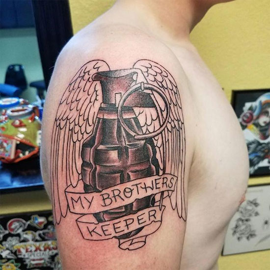 rip tattoo for brother on upper arm