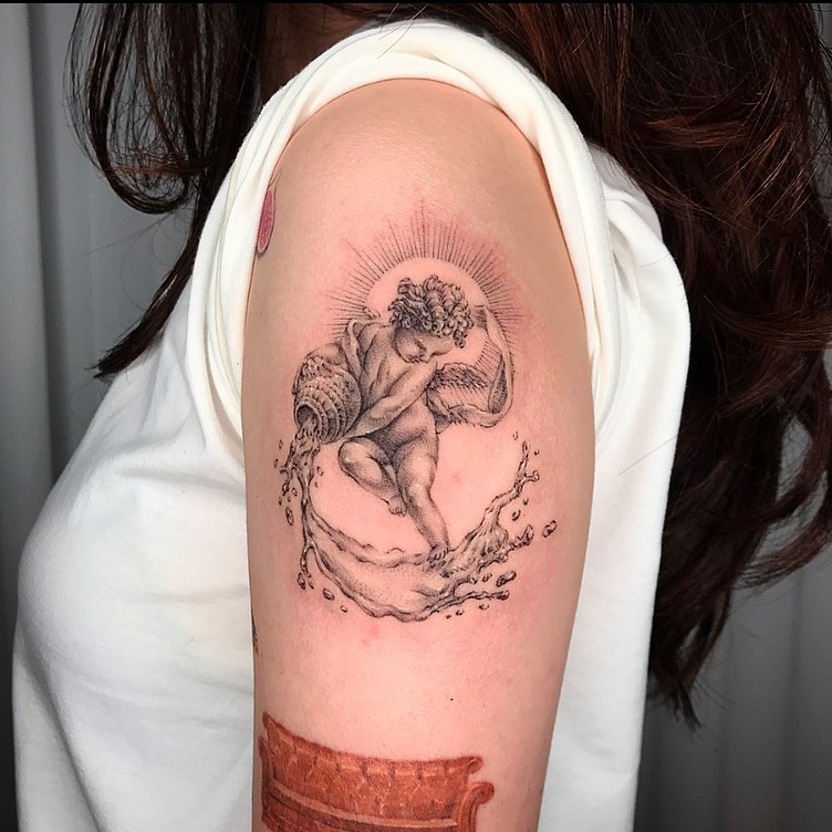Water Spilling Baby Angel Tattoo Design for Arm