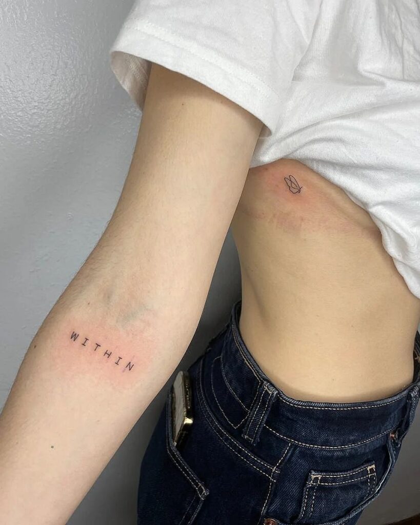 'Within' Fineline Text Lettering Tattoo on the Below the Elbow: Inner Strength